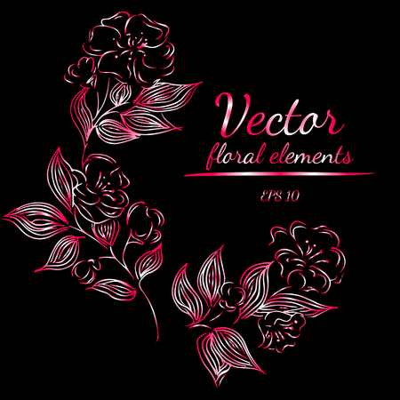 Hand Drawn Vector Illustrations Of Abstract Set of Purple and Red Flowers. Hand Drawn Sketch of a Flowers. Floral Design Elements For Invitations, Greeting Cards, Posters, Blogsのイラスト素材