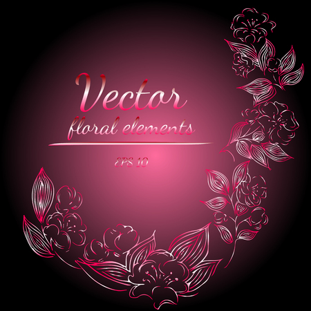 Wreath of Roses or Peonies Flowers with Gradient of Razzmatazz, Red, Pink, Antique Ruby Colors. Floral Frame Design Elements For Invitations and Greeting Cards. Hand drawn. Line art. Sketchのイラスト素材