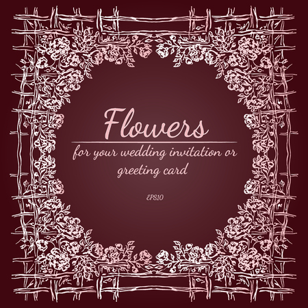 Vector Illustration Of Abstract Frame of Rose or Peonies Flowers With Fence. Floral frame design elements for wedding invitation and greeting card. Hand drawn. Line art. Sketch.のイラスト素材