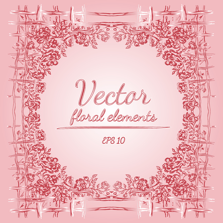 Wreath of roses or peonies flowers branches with azalea, pale pink and white colors. floral frame design elements for invitations, greeting cards, posters, blogs. Hand drawn vector illustrationのイラスト素材