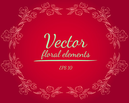 Wreath of roses or peonies flowers and branches with red, carmine, sundown, fringy flower gradient colors. floral frame design elements for invitations, greeting cards, posters. Hand drawn.のイラスト素材