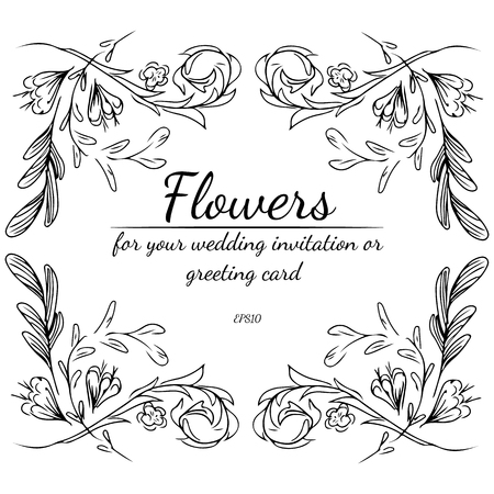 Wreath of black wildflowers branches on gray background. Foral frame design elements for invitations, greeting cards, posters, blogs. Hand drawn vector illustration. Line art. Sketch.のイラスト素材