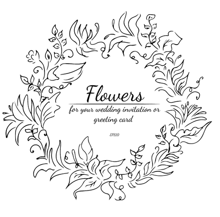 Wreath of black wildflowers branches on gray background. Foral frame design elements for invitations, greeting cards, posters, blogs. Hand drawn vector illustration. Line art. Sketch.のイラスト素材
