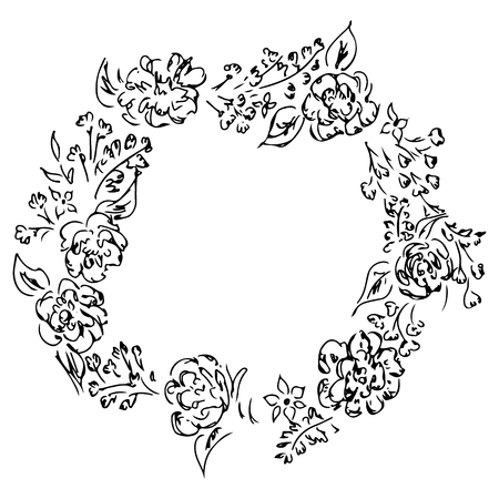 Wreath of black roses or peonies flowers and branches isolated of white. Foral frame design elements for invitations, greeting cards, posters, blogs.の写真素材