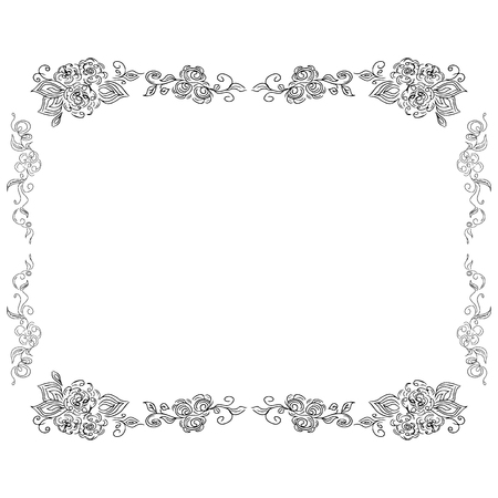 Wreath of black roses or peonies flowers and branches isolated of white. Foral frame design elements for invitations, greeting cards, posters, blogs.の写真素材