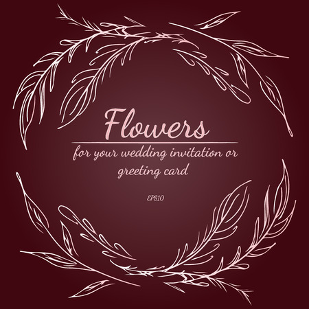 Wreath of roses or peonies flowers with rustic red, brown, chocolate and pale pink colors. Floral frame design elements for wedding invitation and greeting card. Hand drawn. Line art. Sketch.のイラスト素材