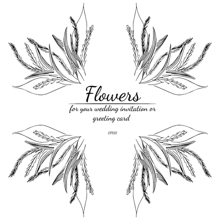 Wreath of wildflowers branches isolated on white background. Foral frame design elements for invitations, greeting cards, posters. Hand drawn vector illustration. Line art. Sketch.のイラスト素材