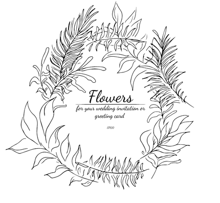 Wreath of wildflowers branches isolated on white background. Foral frame design elements for invitations, greeting cards, posters. Hand drawn vector illustration. Line art. Sketch.のイラスト素材