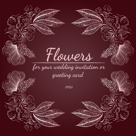 Wreath of roses or peonies flowers with rustic red, brown, chocolate and pale pink colors. Floral frame design elements for wedding invitation and greeting card. Hand drawn. Line art. Sketch.のイラスト素材
