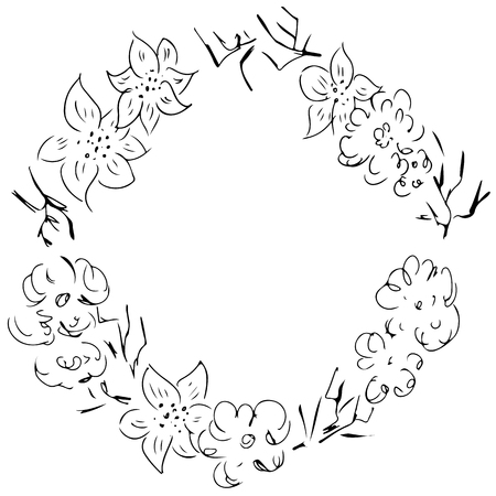 Wreath of black roses or peonies flowers and branches isolated of white. Foral frame design elements for invitations, greeting cards, posters, blogs.の写真素材