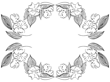 Wreath of black roses or peonies flowers and branches isolated of white. Foral frame design elements for invitations, greeting cards, posters, blogs.の写真素材