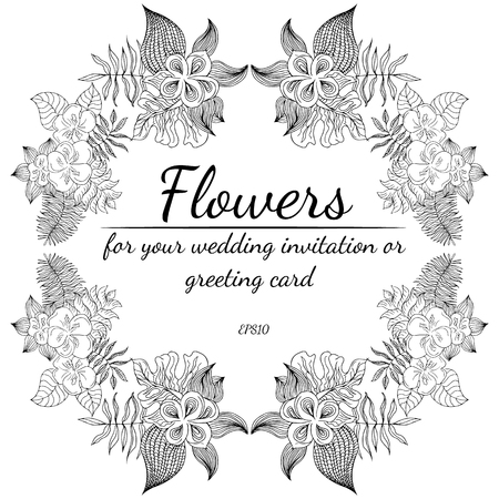 Vector  tropical leaves and flowers isolated on white background. Exotic botanical design elements for wedding invitation cards, cosmetics, spa,  beauty salon. Line art.のイラスト素材