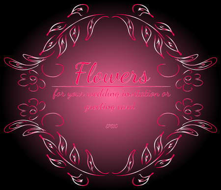 Wreath of roses or peonies flowers with gradient of razzmatazz, red, pink, antique ruby colors. floral frame fesign elements for wedding invitation and greeting card. Hand drawn. Line art. Sketchのイラスト素材