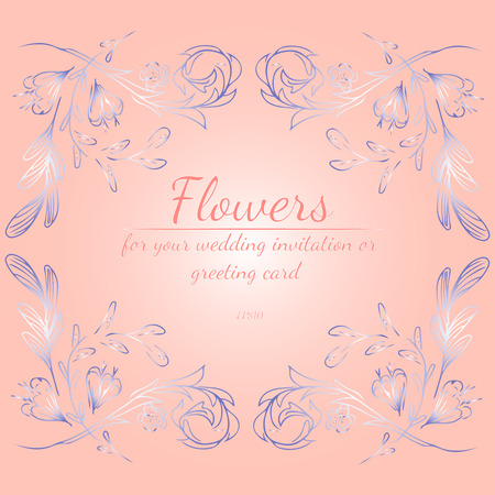 Wreath of roses or peonies flowers with pink, blue and white gradient colors. Floral frame design elements for wedding invitation and greeting card.の写真素材