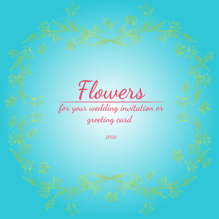 Wreath of roses or peonies flowers with green, yellow, blue and white gradient colors. Floral frame design elements for wedding invitation and greeting card.の写真素材