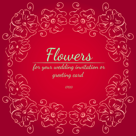 Wreath of roses or peonies flowers with red, carmine, sundown, fringy flower gradient colors. Floral frame design elements for your wedding invitation and greeting card.の写真素材