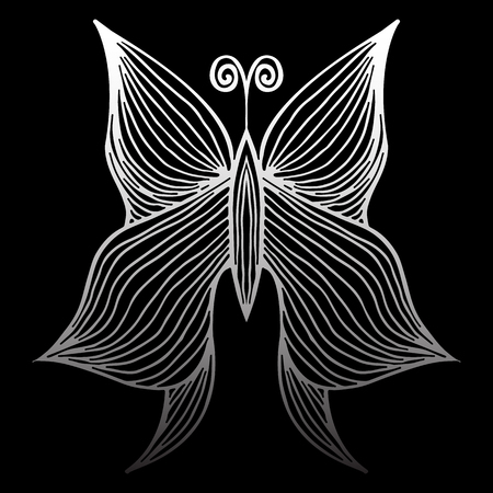Abstract vector illustration of hand drawn butterfly isolated on black background. Ink drawing, graphic styleのイラスト素材