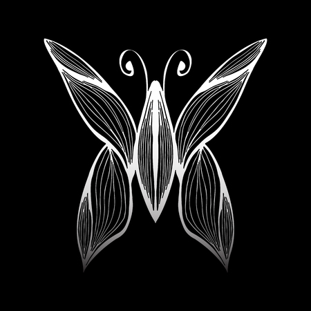 Abstract vector illustration of hand drawn butterfly isolated on black background. Ink drawing, graphic style. Sketch.のイラスト素材