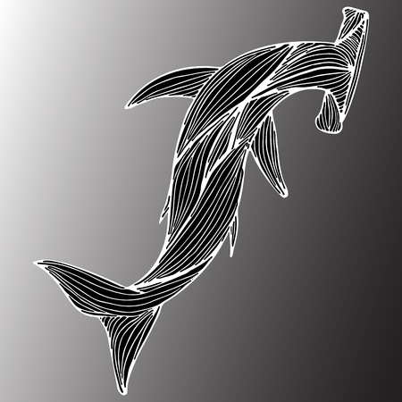 Abstract hand drawn giant hammer shark isolated on gray background. Vector illustration. Outline. Line art. Top view.のイラスト素材