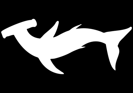 Abstract hand drawn giant hammer shark silhouette isolated on black background. Vector illustration. Outline. Line art. Top view.のイラスト素材