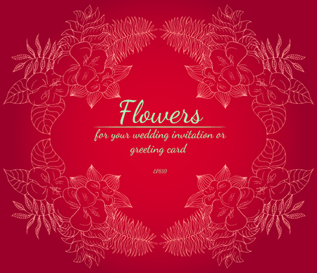 Wreath of roses or peonies flowers. Floral frame design elements for your wedding invitation and greeting card. Hand drawn. Line artの写真素材