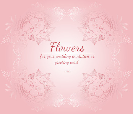 Wreath of roses or peonies flowers. Floral frame design elements for your wedding invitation and greeting card. Hand drawn illustration. Line artの写真素材