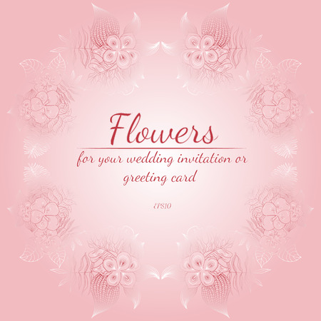 Wreath of roses or peonies flowers with azalea, pale pink and white colors. Floral frame design elements for your wedding invitation and greeting card. Hand drawn illustration. Line art. Sketch.の写真素材