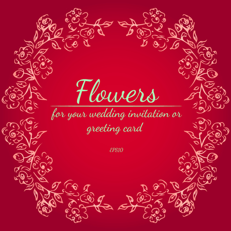 Wreath of roses or peonies flowers. Floral frame design elements for your wedding invitation and greeting card. Hand drawn vector illustration. Outline.の写真素材