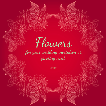 Wreath of roses or peonies flowers. Floral frame design elements for your wedding invitation and greeting card. Hand drawn. Line art. Sketch.の写真素材