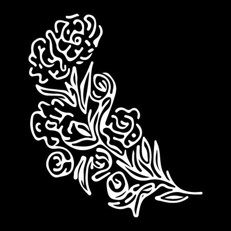 Abstract hand drawn rose flowers isolated on black background. Peonies vector outline icon. Line art.のイラスト素材