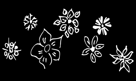 Abstract wildflowers outline set isolated on black background. Hand drawn vector illustration. Wildflowers collection. Doodle style.のイラスト素材