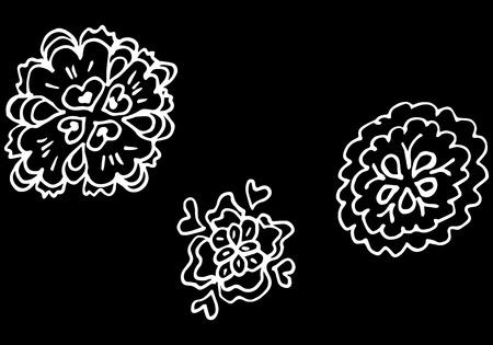 Abstract wildflowers outline set isolated on black background. Hand Drawn vector illustration. Wildflowers collection of three outline flowersのイラスト素材