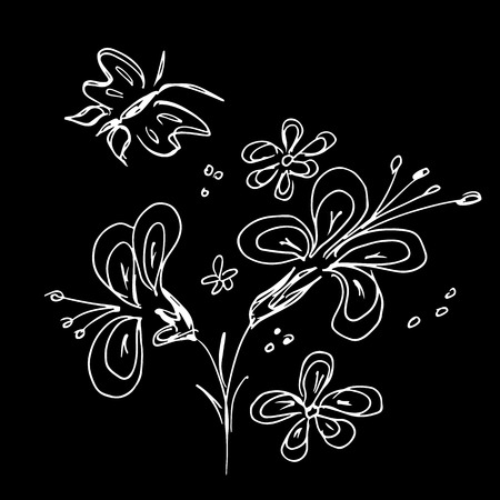Abstract outline icon of wildflowers and butterfly isolated on black background. Hand Drawn vector illustration.のイラスト素材