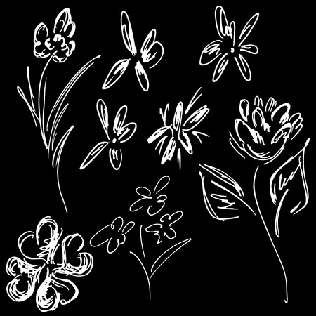 Abstract wildflowers outline set isolated on black background.のイラスト素材