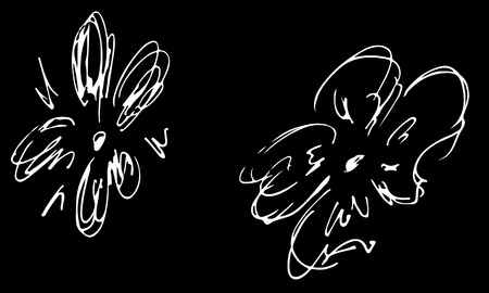 Two abstract wildflowers isolated on black background. Hand Drawn vector illustration. Wildflowers collection. Outline set.のイラスト素材