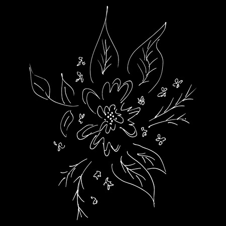 Abstract wildflowers isolated on black background. Hand Drawn vector illustration. Outline icon.のイラスト素材