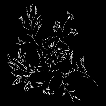 Abstract wildflowers isolated on black background. Hand Drawn vector illustration. Outline.のイラスト素材