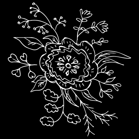 Abstract wildflowers isolated on black background. Hand Drawn vector illustration. Outline.のイラスト素材