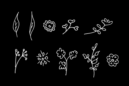Outline abstract set of ten wildflowers isolated on black background. Hand drawn vector illustration. Wildflowers collection. Doodle style.のイラスト素材