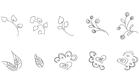 Flowers and branches hand drawn collection isolated on white background. Floral graphic elements.のイラスト素材