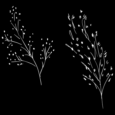 Two abstract branches with berries isolated on black background. Hand drawn vector illustration. Outline set.のイラスト素材