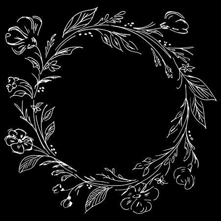 Wreath of roses or peonies flowers and branches isolated on black background. Foral frame design elements for invitations, greeting cards. Hand drawn vector illustration. Line art. Outline.のイラスト素材