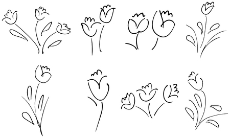 Flowers and branches hand drawn collection isolated on white background. Floral graphic elements. Big vector set. Doodle style.のイラスト素材