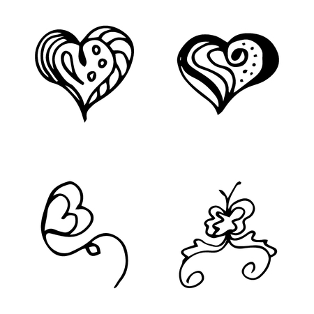 Flowers and hearts hand drawn doodle collection isolated on white background. 4 floral graphic elements. Big vector set. Outline collection.のイラスト素材