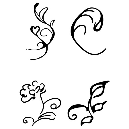 Flowers and branches hand drawn doodle collection isolated on white background. 4 floral graphic elements. Big vector set. Outline collection.のイラスト素材