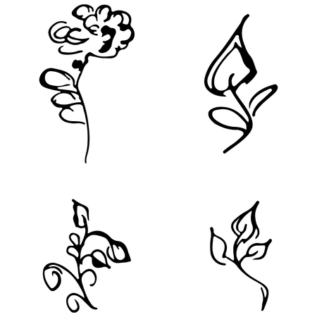 Flowers and branches hand drawn doodle collection isolated on white background. 4 floral graphic elements. Big vector set. Outline collection.のイラスト素材