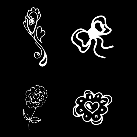 Flowers and hearts hand drawn doodle collection isolated on black background. 4 floral graphic elements. Big vector set. Outline collection.のイラスト素材