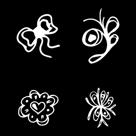 Flowers and hearts hand drawn doodle collection isolated on black background. 4 floral graphic elements. Big vector set. Outline collection.のイラスト素材