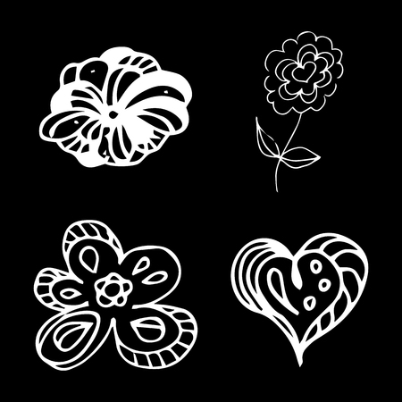 Flowers and hearts hand drawn doodle collection isolated on black background. 4 floral graphic elements. Big vector set. Outline collection.のイラスト素材