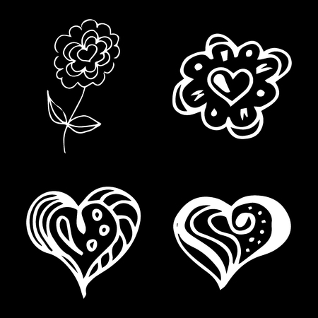 Flowers and hearts hand drawn doodle collection isolated on black background. 4 floral graphic elements. Big vector set. Outline collection.のイラスト素材